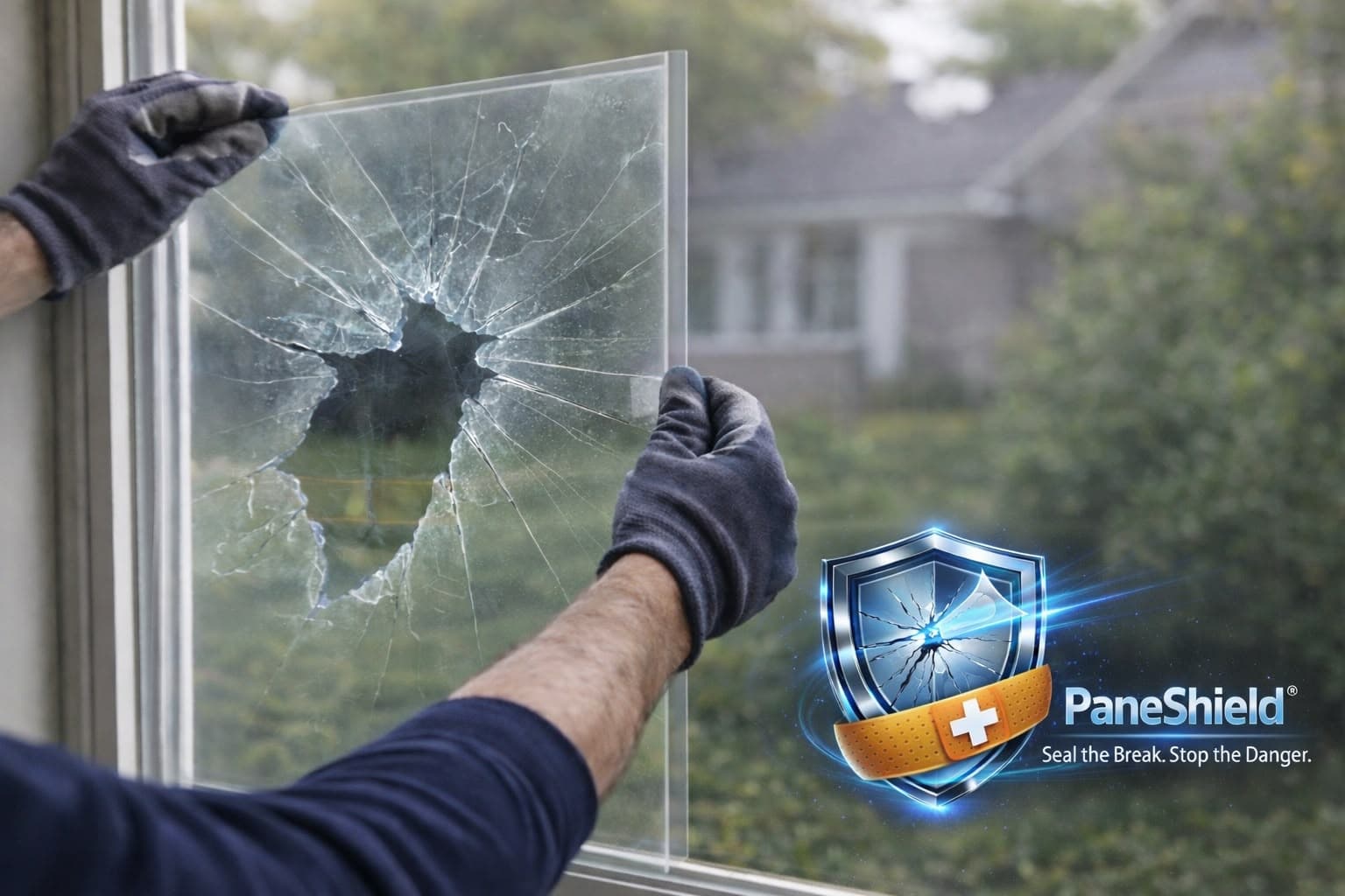 PaneShield concept illustration of covering damaged glass